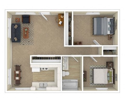 Floor plan for 2 beds, 1 bath, 897 sqft